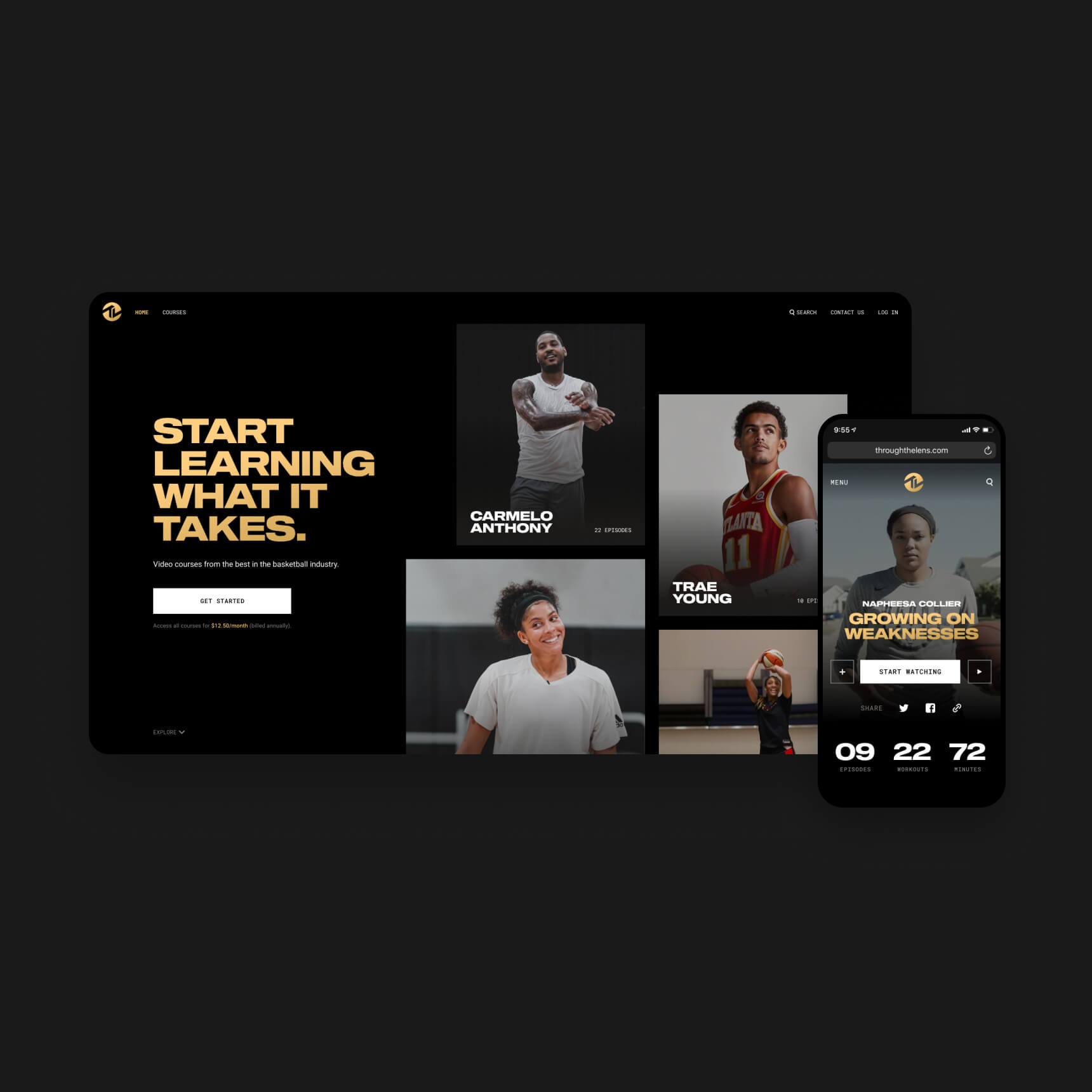 Through the Lens mobile and web design screens